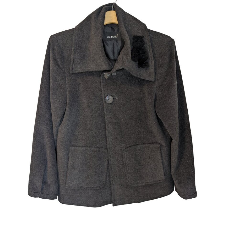 *SALE8 Lilibleu Charcoal Grey Pea Coat Floral Collar Detail | Size Large | Soft